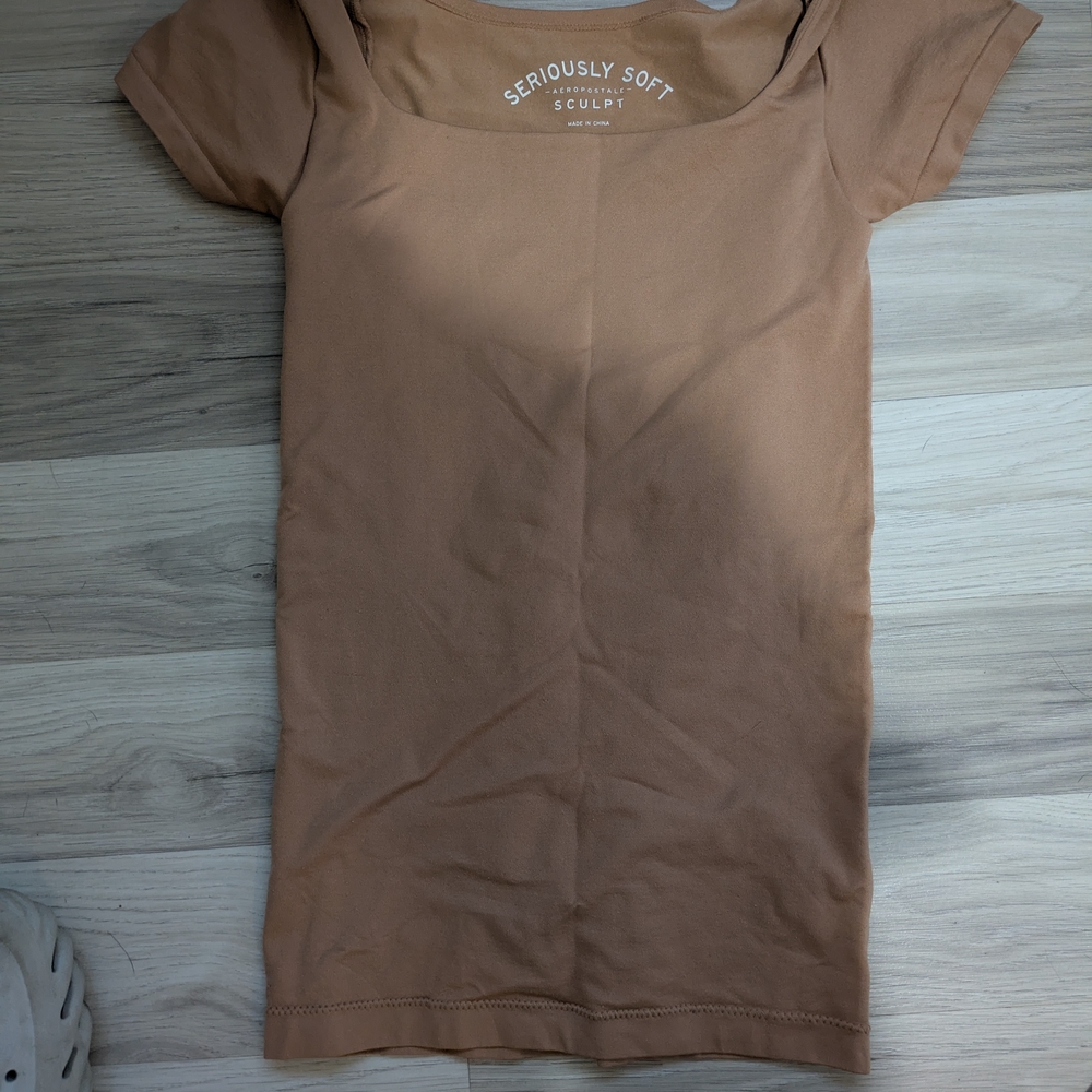 Aeropostale Tan Fitted Cap Sleeve T-Shirt